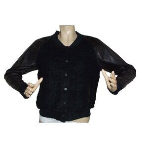 Express Bomber Jacket Womens Size XS Black Varsity snap Faux Leather Sherpa